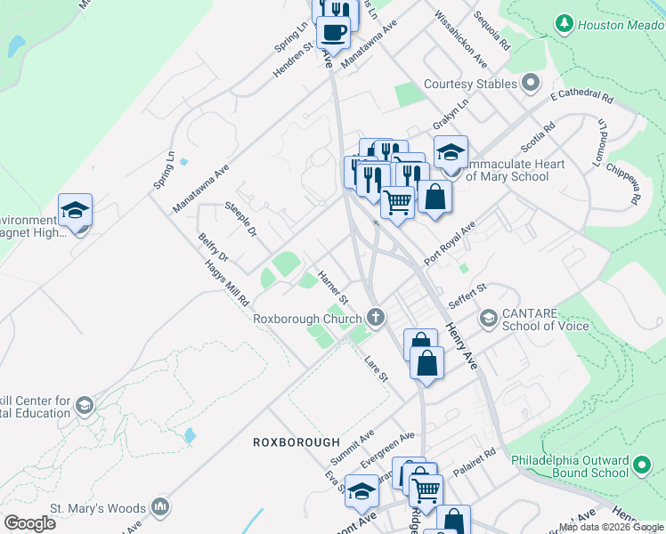 map of restaurants, bars, coffee shops, grocery stores, and more near 721 Sunset Avenue in Philadelphia
