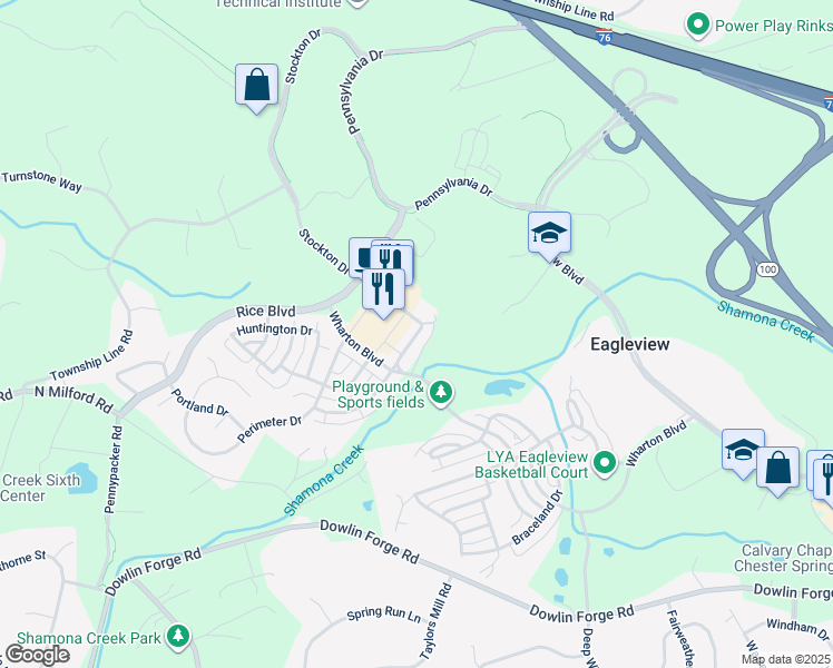 map of restaurants, bars, coffee shops, grocery stores, and more near 543 Wellington Square in Exton