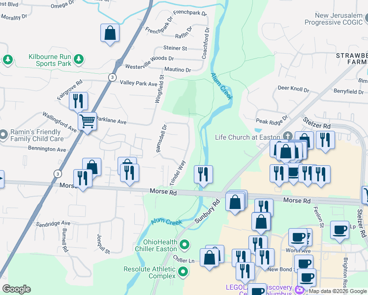map of restaurants, bars, coffee shops, grocery stores, and more near 3518 Craigmore Court in Columbus