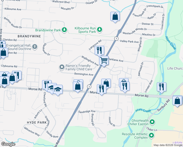 map of restaurants, bars, coffee shops, grocery stores, and more near 3098 Glenshaw Avenue in Columbus