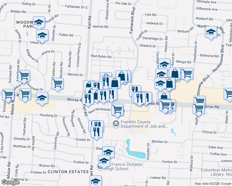map of restaurants, bars, coffee shops, grocery stores, and more near 1780 Morse Road in Columbus