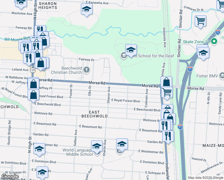 map of restaurants, bars, coffee shops, grocery stores, and more near 406 Morse Road in Columbus