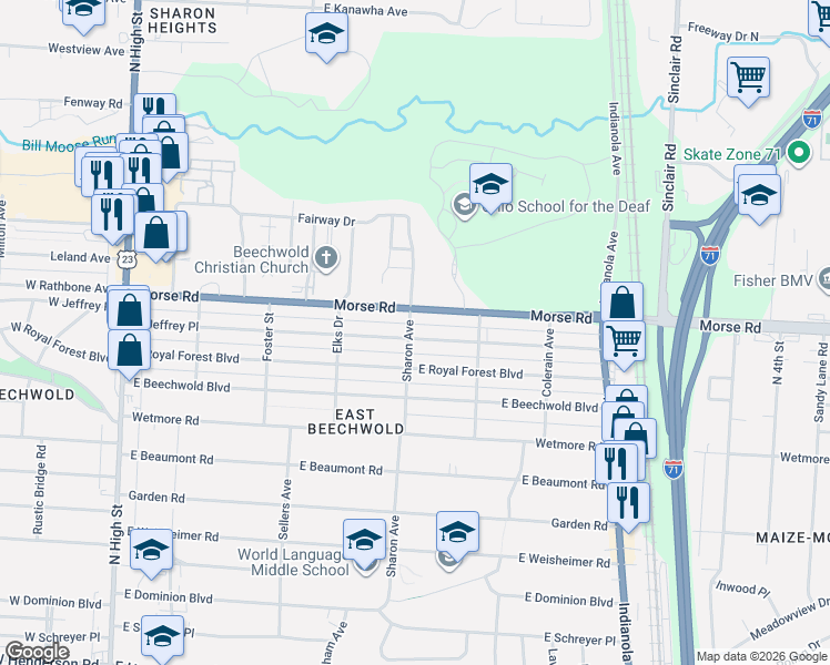 map of restaurants, bars, coffee shops, grocery stores, and more near 406 Morse Road in Columbus