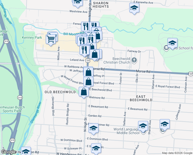 map of restaurants, bars, coffee shops, grocery stores, and more near 69 Morse Road in Columbus