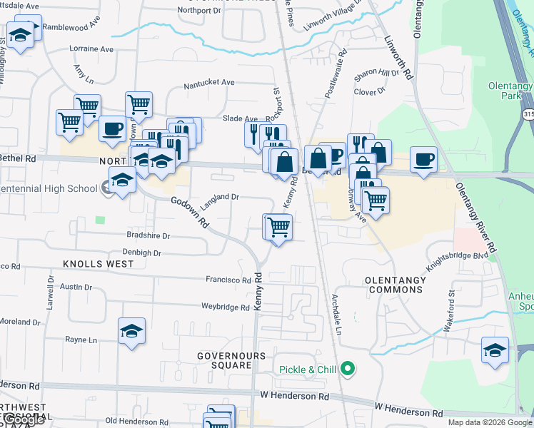map of restaurants, bars, coffee shops, grocery stores, and more near 1109 Langland Drive in Columbus