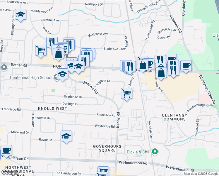 map of restaurants, bars, coffee shops, grocery stores, and more near 1171 Langland Drive in Columbus
