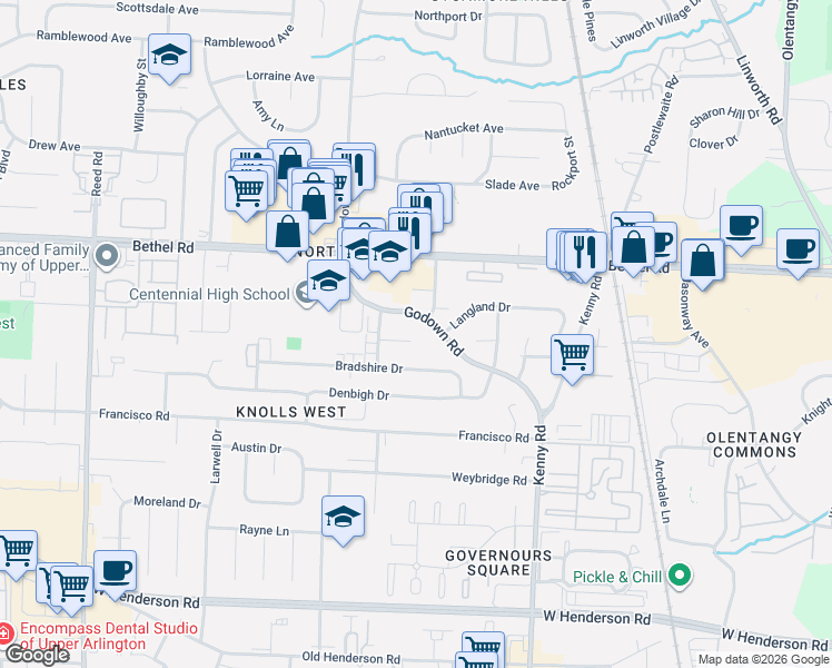 map of restaurants, bars, coffee shops, grocery stores, and more near 5048 Godown Road in Columbus