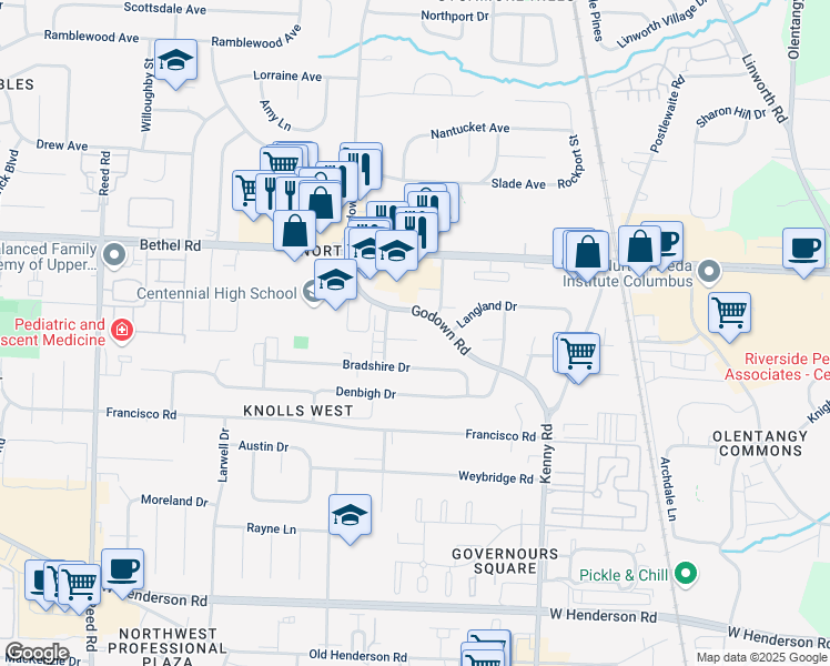 map of restaurants, bars, coffee shops, grocery stores, and more near in Columbus