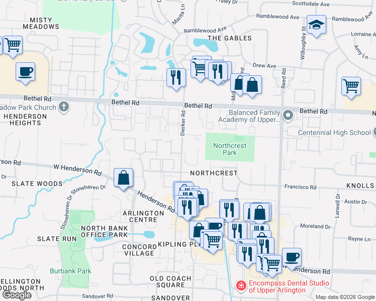 map of restaurants, bars, coffee shops, grocery stores, and more near 5100 Dierker Road in Columbus