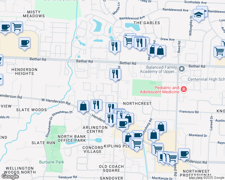 map of restaurants, bars, coffee shops, grocery stores, and more near 2102 Burgoyne Court in Columbus