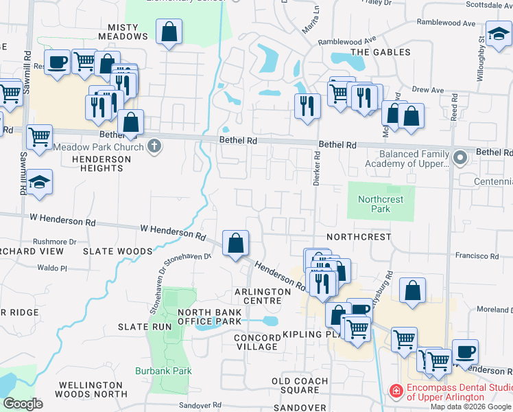 map of restaurants, bars, coffee shops, grocery stores, and more near 5226 Fall Water Court in Columbus