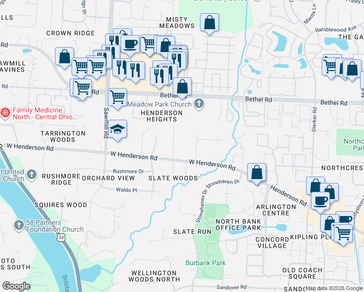 map of restaurants, bars, coffee shops, grocery stores, and more near 5018 Henderson Heights Road in Columbus