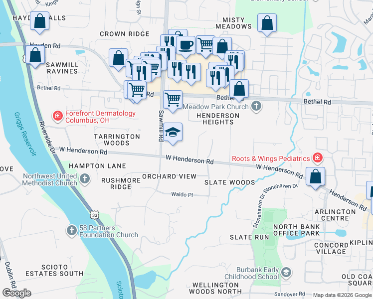 map of restaurants, bars, coffee shops, grocery stores, and more near 5243 Brynwood Drive in Columbus