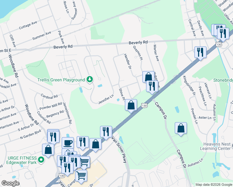 map of restaurants, bars, coffee shops, grocery stores, and more near 4 Senator Lane in Burlington