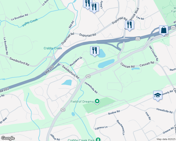map of restaurants, bars, coffee shops, grocery stores, and more near 1000 Westlakes Drive in Berwyn