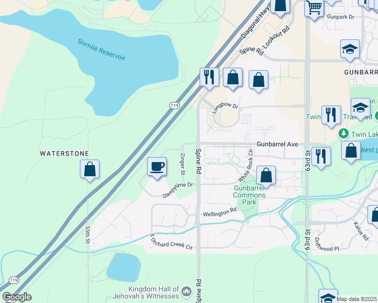 map of restaurants, bars, coffee shops, grocery stores, and more near 4775 Spine Road in Boulder