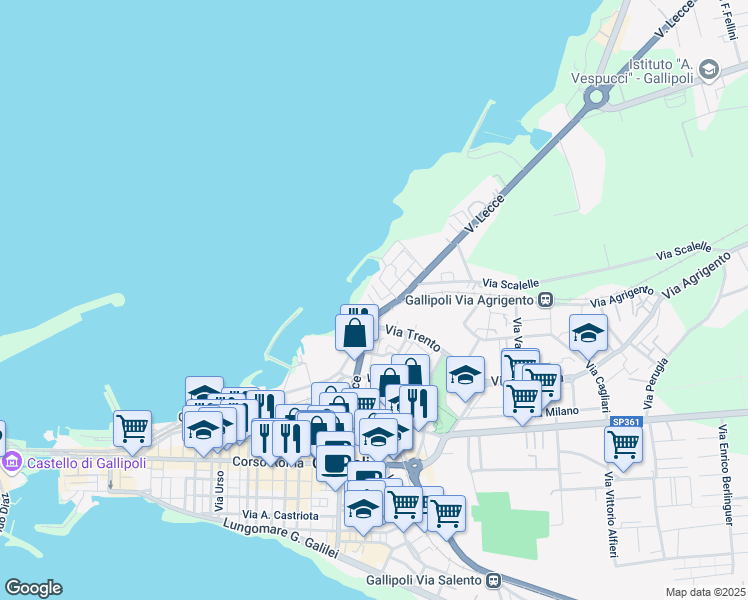 map of restaurants, bars, coffee shops, grocery stores, and more near 16 Via Fiume in Gallipoli