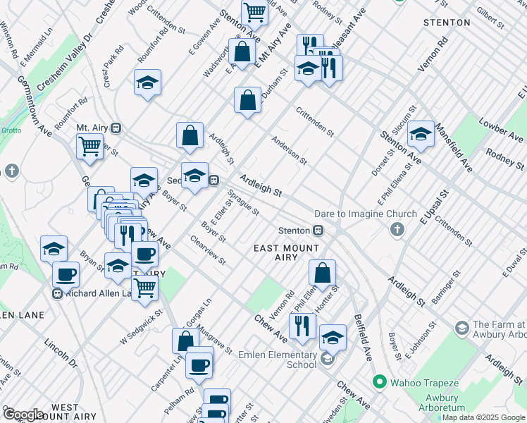 map of restaurants, bars, coffee shops, grocery stores, and more near 6921 Sprague Street in Philadelphia