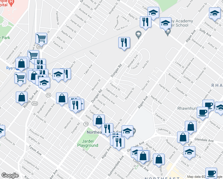 map of restaurants, bars, coffee shops, grocery stores, and more near 7524 Whitaker Avenue in Philadelphia