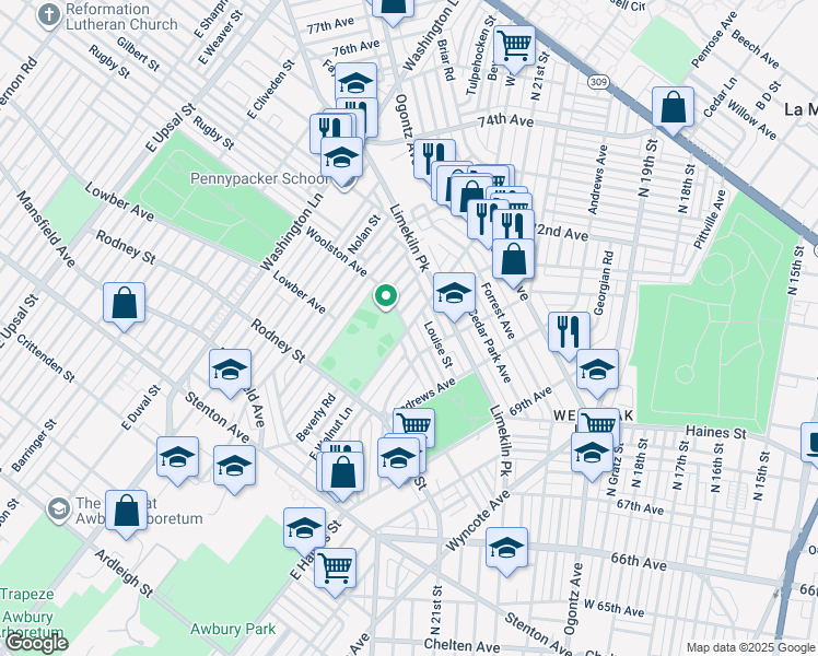 map of restaurants, bars, coffee shops, grocery stores, and more near 7331 East Walnut Lane in Philadelphia