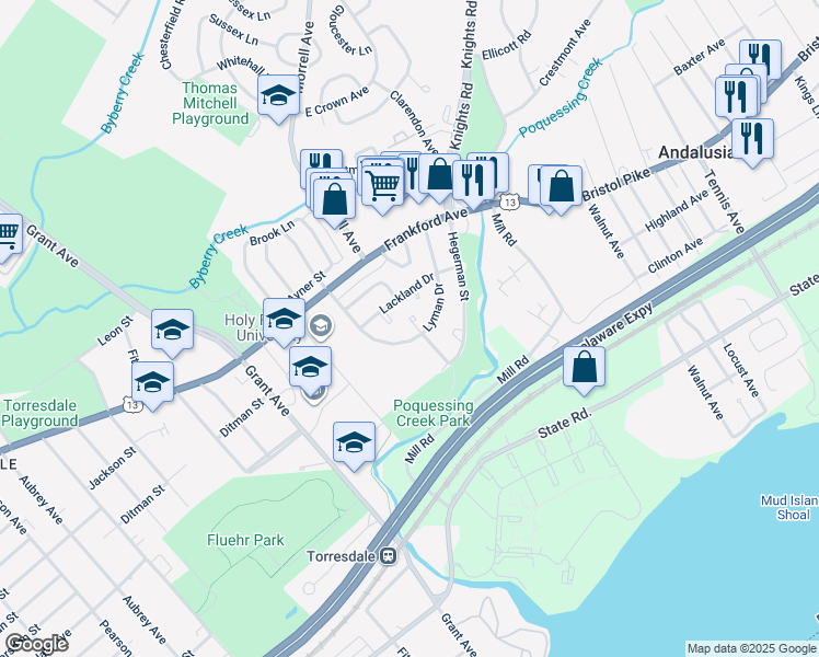 map of restaurants, bars, coffee shops, grocery stores, and more near 4216 Saint Denis Drive in Philadelphia