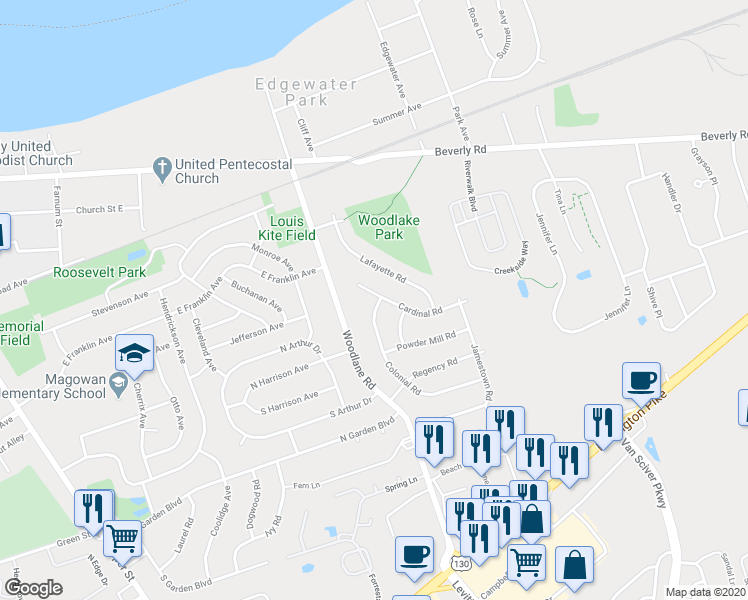 map of restaurants, bars, coffee shops, grocery stores, and more near 317 Colonial Road in Beverly