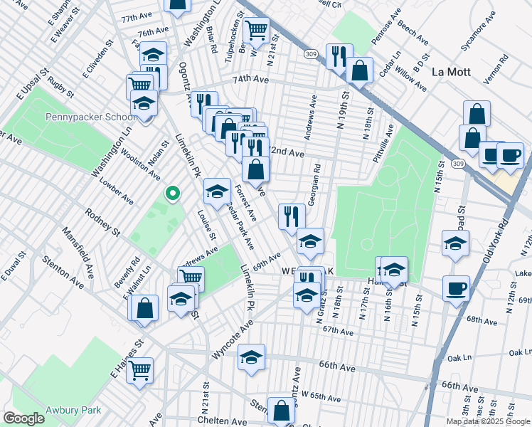 map of restaurants, bars, coffee shops, grocery stores, and more near 7004 Ogontz Avenue in Philadelphia