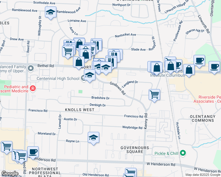 map of restaurants, bars, coffee shops, grocery stores, and more near in Columbus