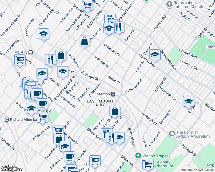 map of restaurants, bars, coffee shops, grocery stores, and more near 6814 Ardleigh Street in Philadelphia