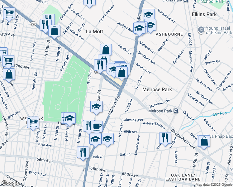 map of restaurants, bars, coffee shops, grocery stores, and more near 7106 Old York Road in Philadelphia