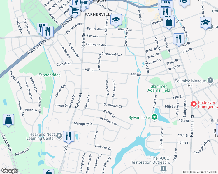 map of restaurants, bars, coffee shops, grocery stores, and more near 8 Jasmine Drive in Burlington
