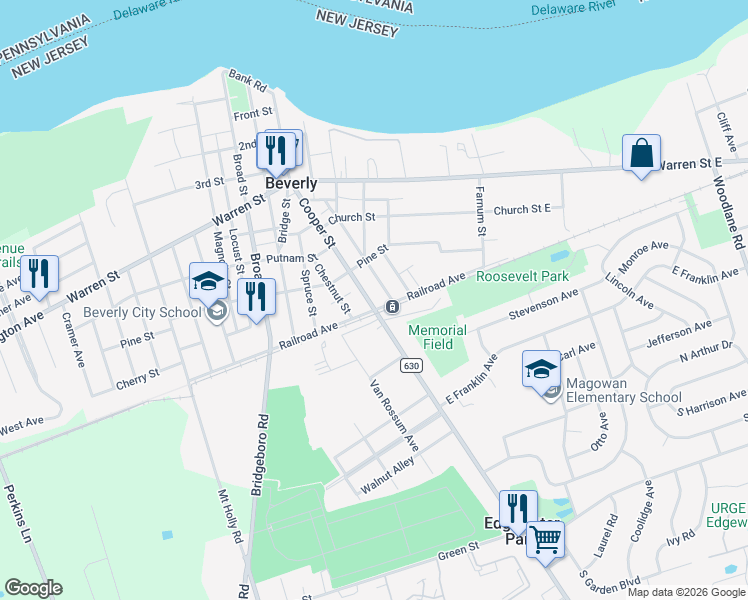 map of restaurants, bars, coffee shops, grocery stores, and more near 619 Elizabeth Street in Beverly