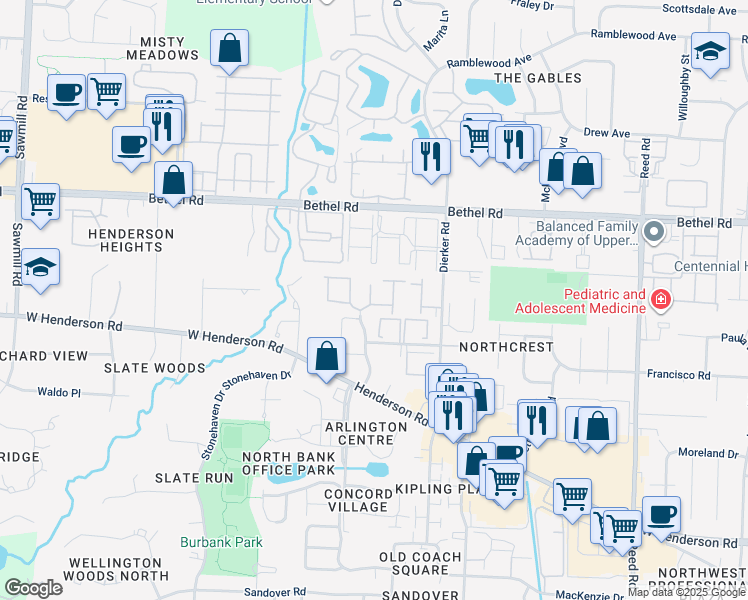 map of restaurants, bars, coffee shops, grocery stores, and more near 2238 Briarhurst Lane in Columbus