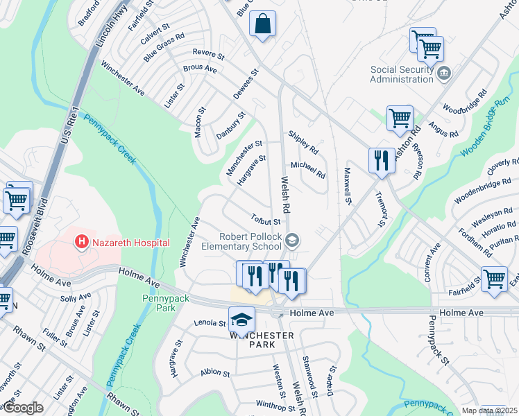 map of restaurants, bars, coffee shops, grocery stores, and more near 2736 Taunton Street in Philadelphia