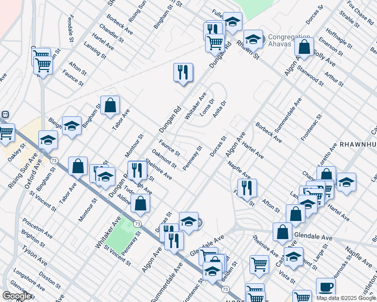 map of restaurants, bars, coffee shops, grocery stores, and more near 7635 Linda Place in Philadelphia