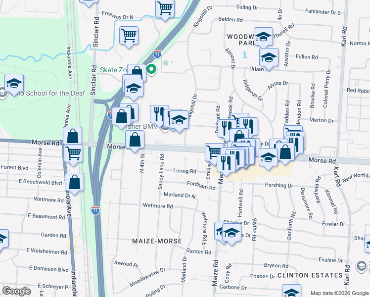 map of restaurants, bars, coffee shops, grocery stores, and more near Morse Rd & Kingshill Dr in Columbus