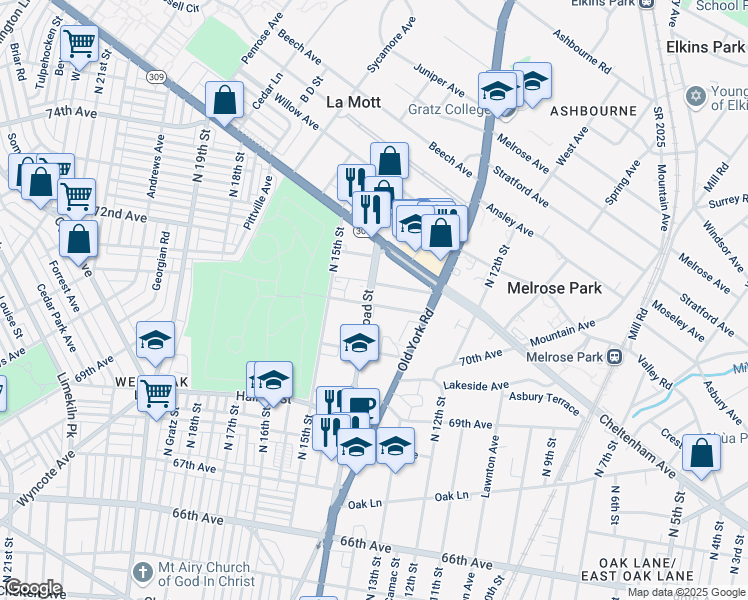 map of restaurants, bars, coffee shops, grocery stores, and more near 7101 North Broad Street in Philadelphia