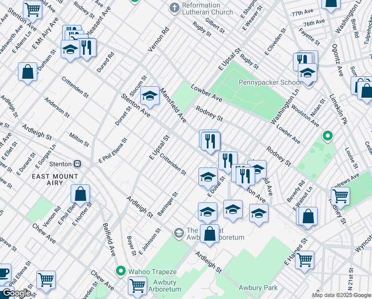 map of restaurants, bars, coffee shops, grocery stores, and more near 1328 East Cardeza Street in Philadelphia
