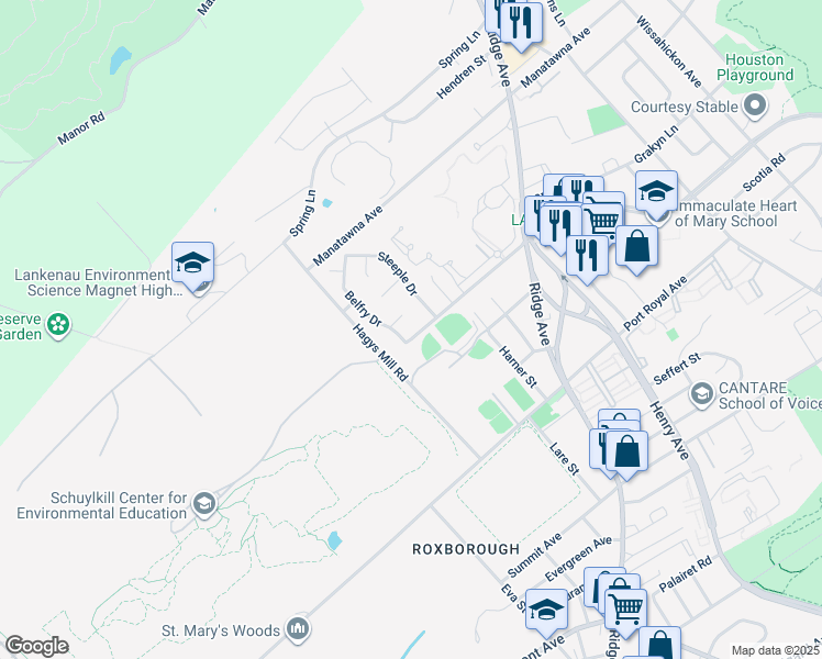 map of restaurants, bars, coffee shops, grocery stores, and more near 548 Cathedral Road in Philadelphia