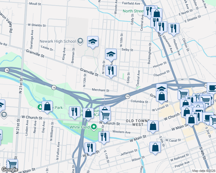 map of restaurants, bars, coffee shops, grocery stores, and more near 245 Granville Street in Newark