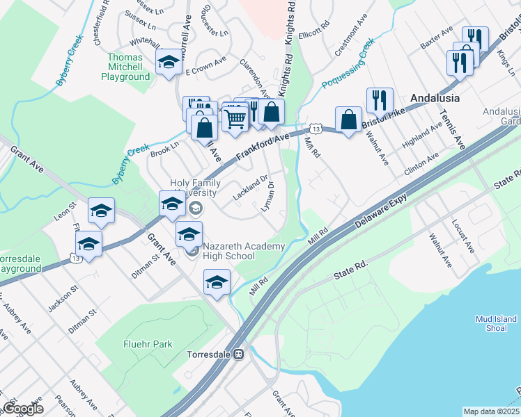 map of restaurants, bars, coffee shops, grocery stores, and more near 4254 Lyman Drive in Philadelphia
