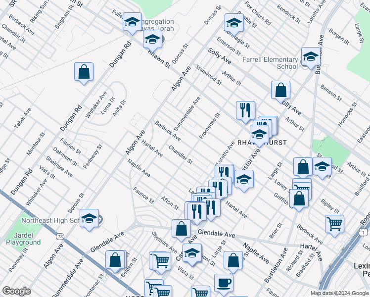 map of restaurants, bars, coffee shops, grocery stores, and more near 1730 Borbeck Avenue in Philadelphia