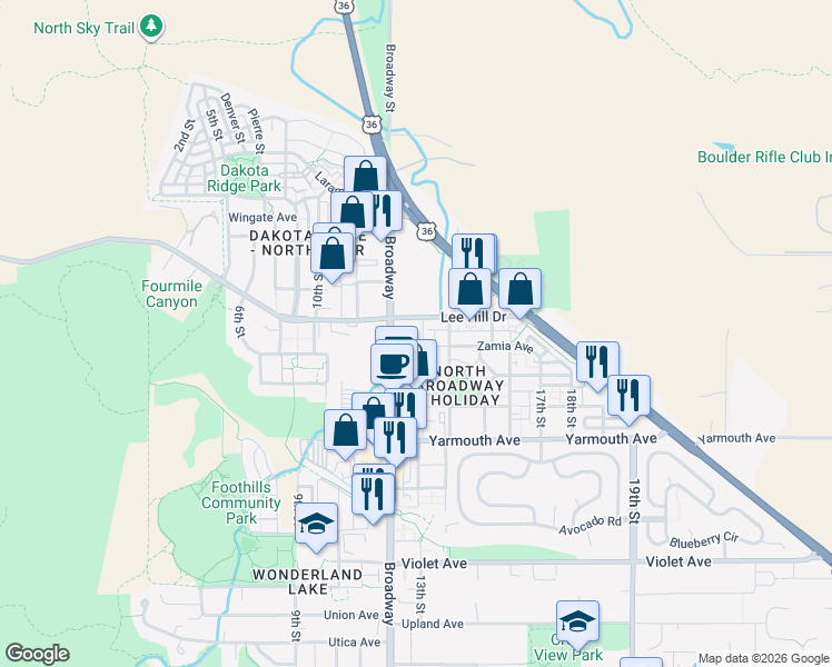map of restaurants, bars, coffee shops, grocery stores, and more near 4775 13th Street in Boulder