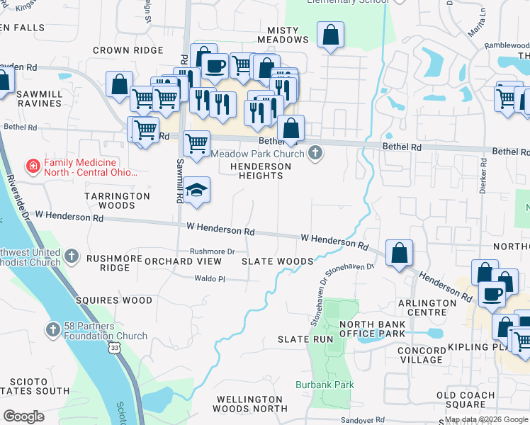 map of restaurants, bars, coffee shops, grocery stores, and more near 5043 Henderson Heights Road in Columbus
