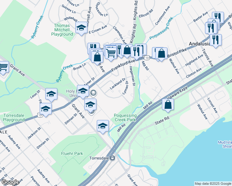 map of restaurants, bars, coffee shops, grocery stores, and more near 4212 Lackland Terrace in Philadelphia