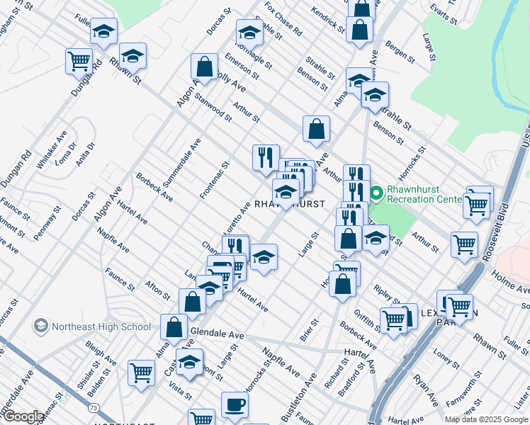 map of restaurants, bars, coffee shops, grocery stores, and more near 1924 Rhawn Street in Philadelphia