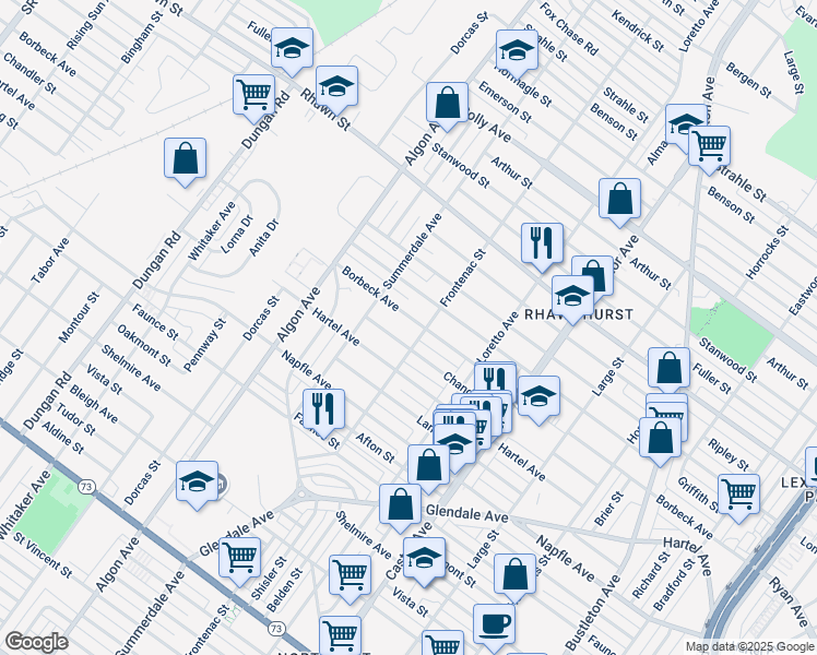 map of restaurants, bars, coffee shops, grocery stores, and more near 1717 Borbeck Avenue in Philadelphia