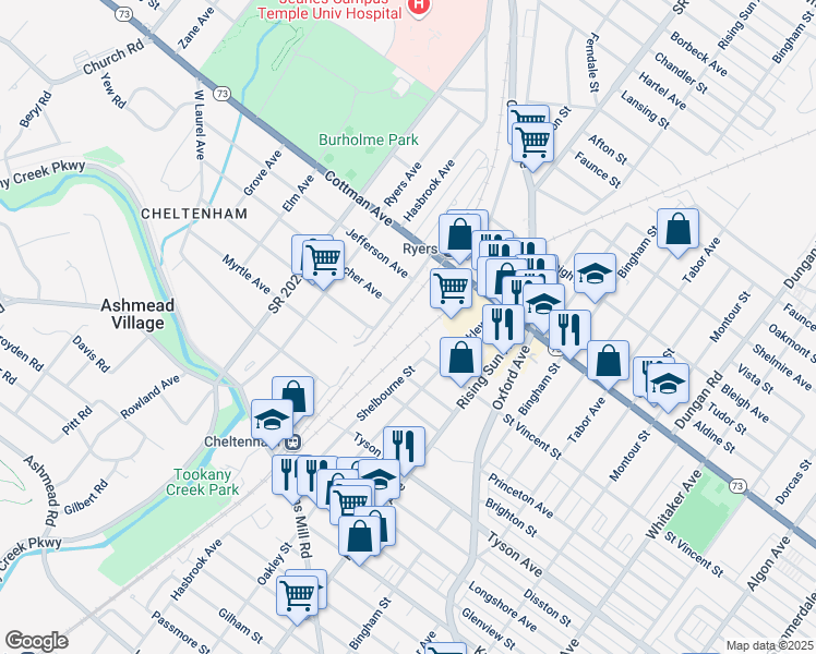 map of restaurants, bars, coffee shops, grocery stores, and more near 7259 Cottman Avenue in Philadelphia