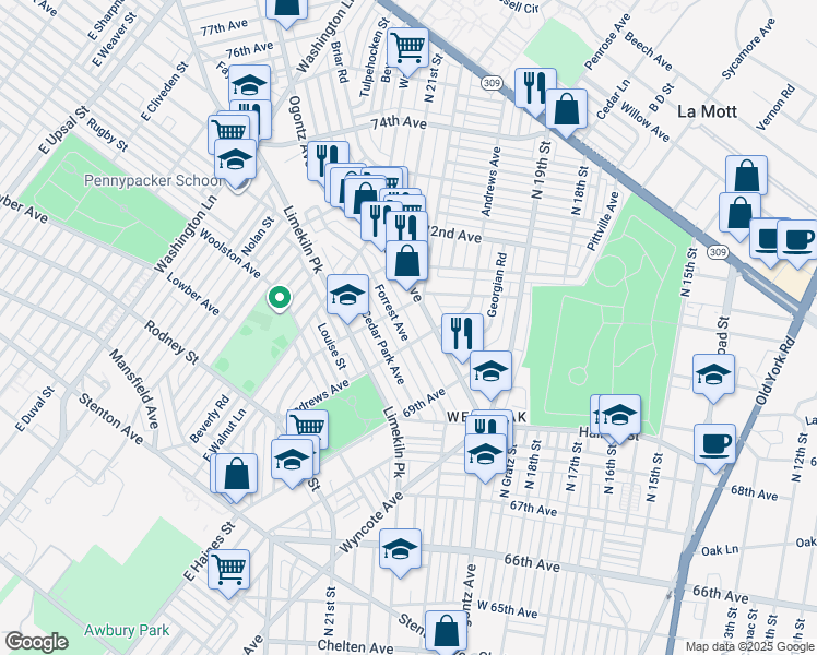 map of restaurants, bars, coffee shops, grocery stores, and more near 7027 Ogontz Avenue in Philadelphia