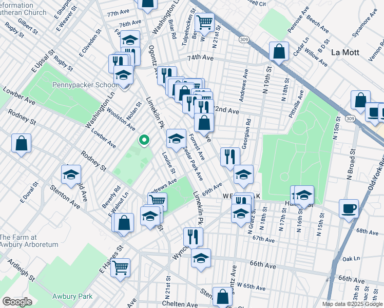 map of restaurants, bars, coffee shops, grocery stores, and more near 7035 Cedar Park Avenue in Philadelphia